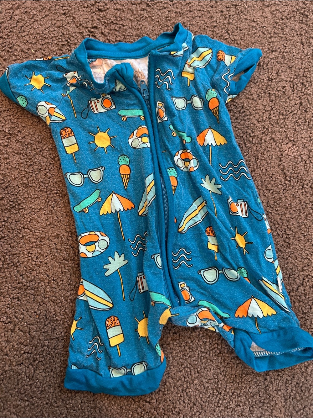 LITTLE SLEEPIES 0-3m Blue Baby Romper with Summer Print